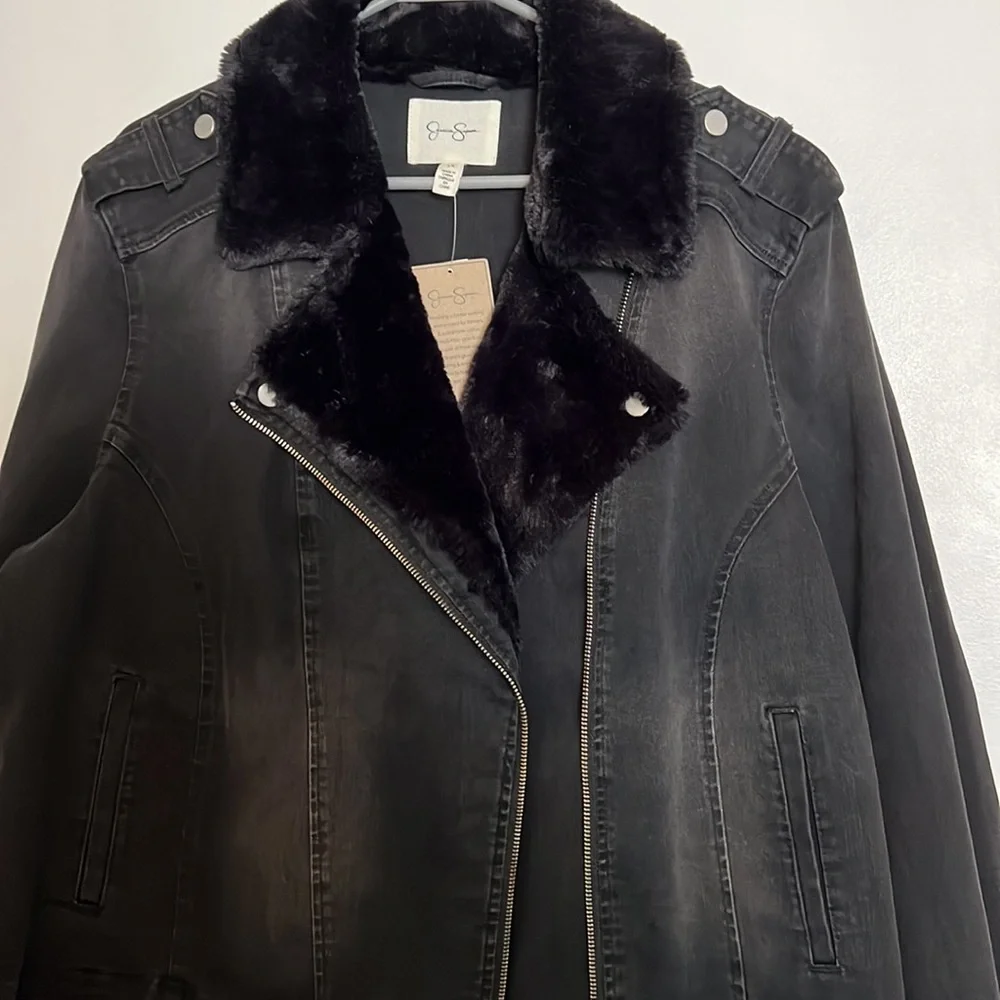 Jessica Simpson fur lined denim moto jacket plus size - Picture 7 of 7